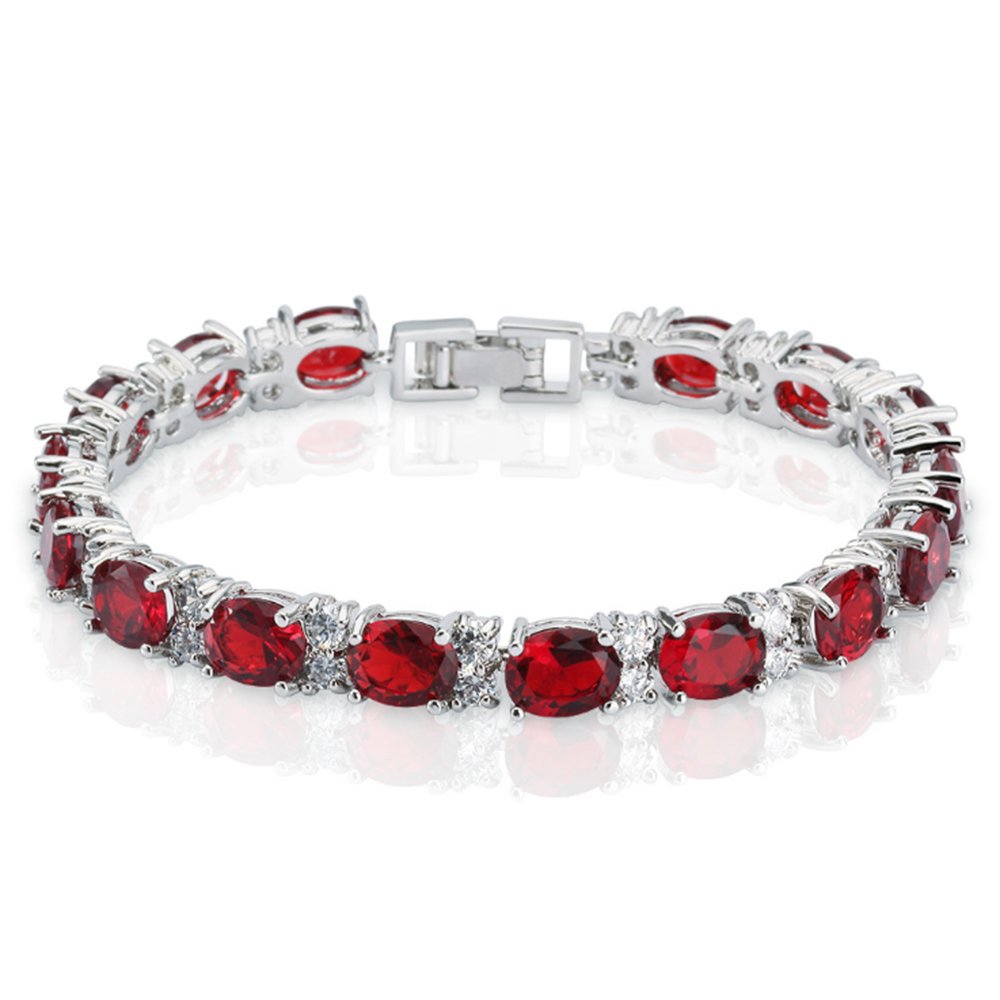Deyanse Tennis Bracelet for Women, 18K White Gold Plated Bangles with Red Oval & White Round 5A Cubic Zirconia, Hypoallergenic 7 Inch Birthstone Bracelet, Fashion Women's Bracelets with Gift Box