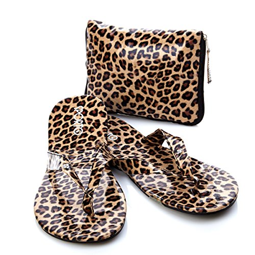 Sporto Womens Foldable Flip Flop Sandal with Coordinating Bag, Brown Leopard, Large (9-10)