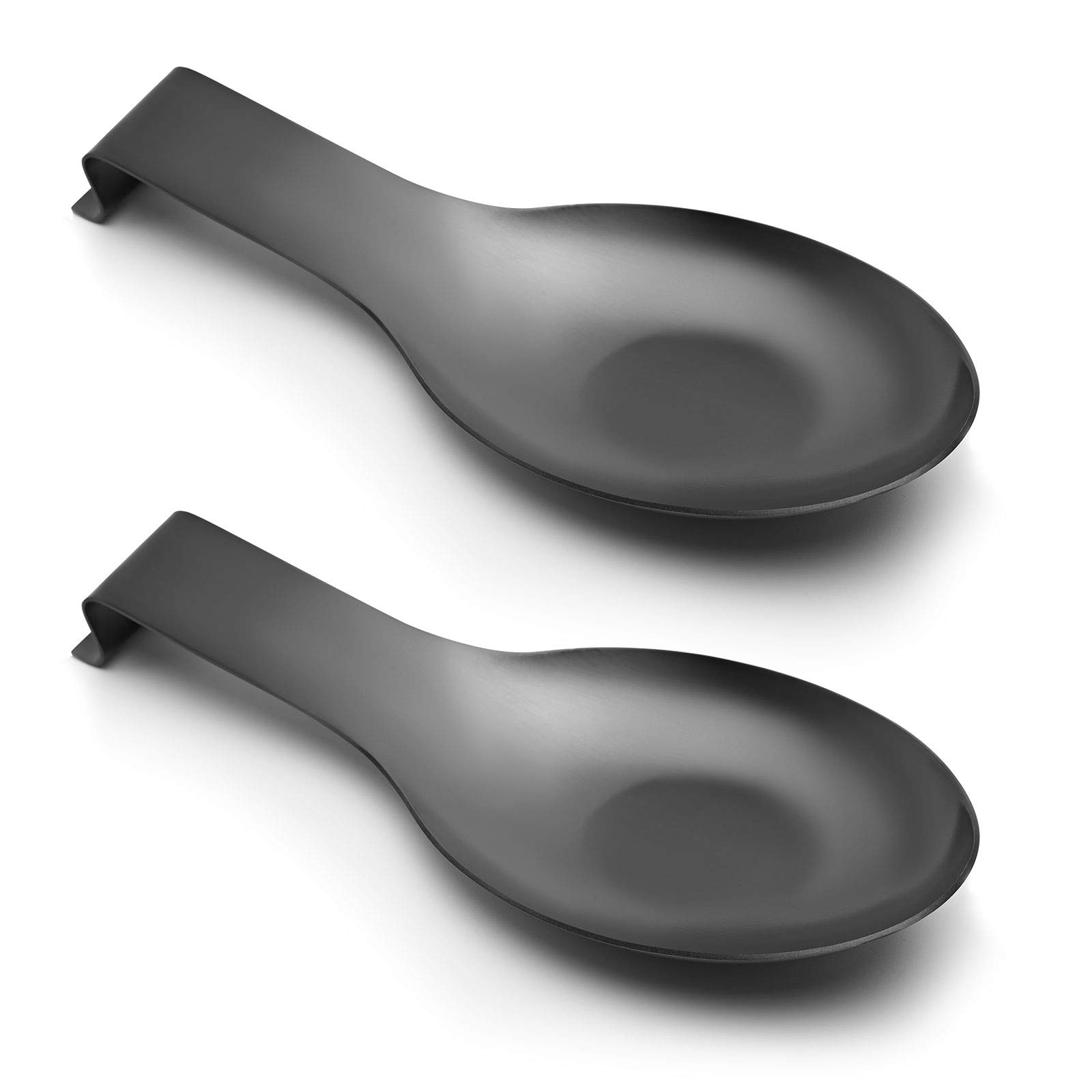 Pretty Jolly Stainless Steel Black Spoon Rest for Kitchen Counter Cooking Utensil Rest Spoon Ladle Holder for Stove Top Rust Resistant Large Size Spatula Rest Dishwasher Safe 9.61 x 3.74 Inch(2PCS)