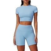 Women’s 2 Piece Workout Set – Short Sleeve Crop Top & High Waist Biker Shorts for Yoga Gym Running