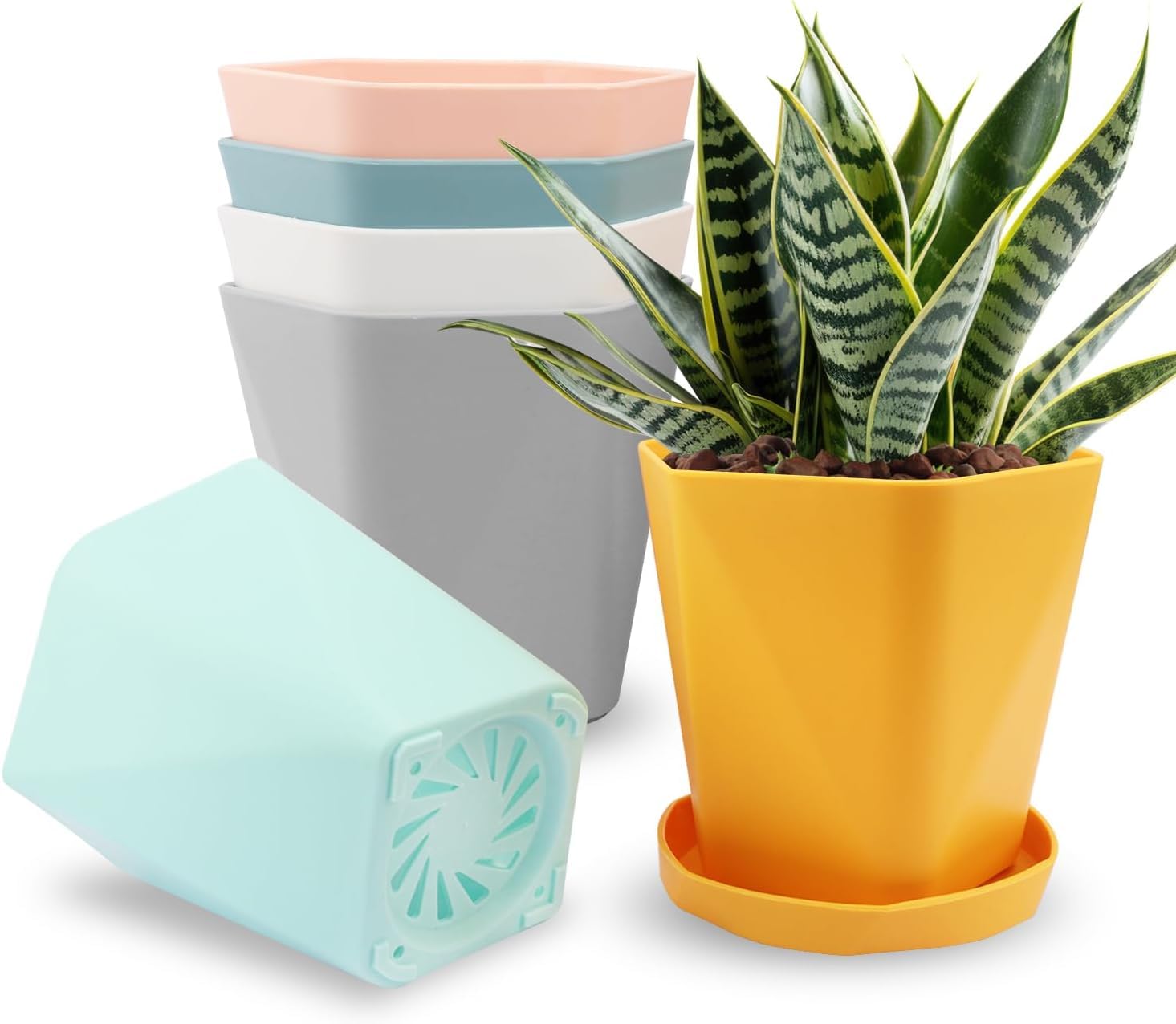 BSTMOME Plastic Plant Seedling Pots,Square Plants Nursery Pot, Flower Pots with Saucer for Balcony,Garden,Home Decor (6 colors)