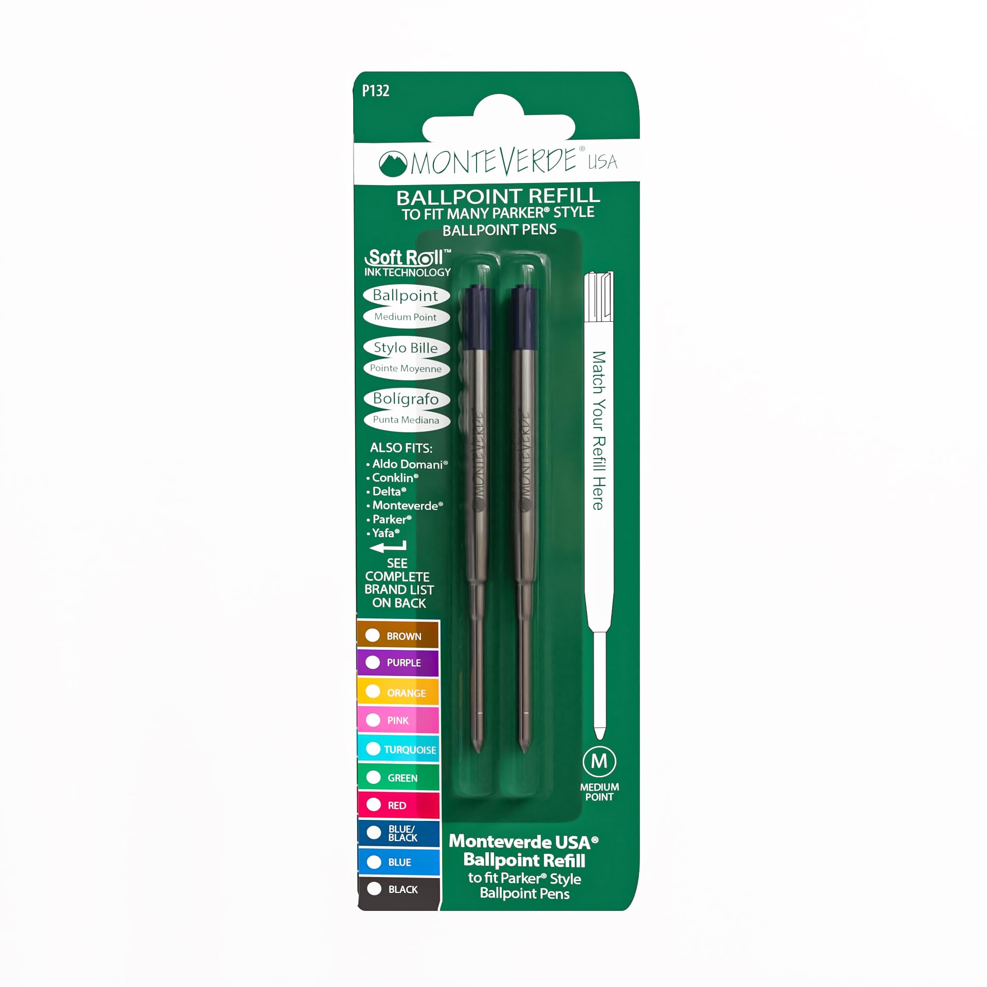Monteverde Medium Ballpoint Soft Roll Refill for Parker Pens - Blue/ Black (Pack of 2)
