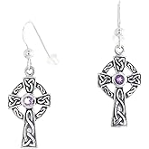 Jewelry Trends Celtic Cross Sterling Silver Dangle Earrings Purple Amethyst Stones