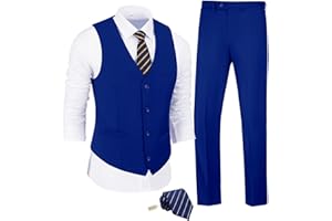 JPF Men's 2 Piece Slim Fit Suit Set, Solid Vest and Pants Suit for Men with Tie
