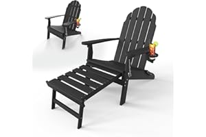 POLYDUN Adirondack Chair with Ottoman, Folding Adirondack Chair with Cup Holder, Weather Resistant, HDPE Pre-Assembled Outdoor Chairs for Porch, Pool, Deck, Backyard, Garden, Black