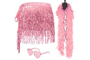 SHENJIPPC Sequin Skirt - Sequin Skirt for Women Fringe Skirt Belly Dance Rave Disco Cowgirl Sparkle Skirt, with Sunglasses + Boa
