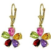 14k Solid Yellow Gold Leverback Flower Earrings with Multi-Gemstones