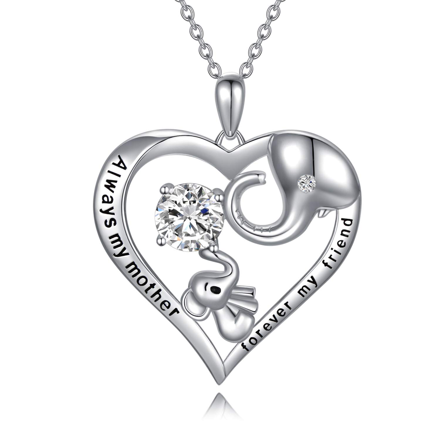 Mum Necklace Sterling Silver Love Heart Lucky Elephant Necklace with Birthstone Crystals, Birthday Mothers Day Jewellery Gifts for Mum from Daughter Son (White)