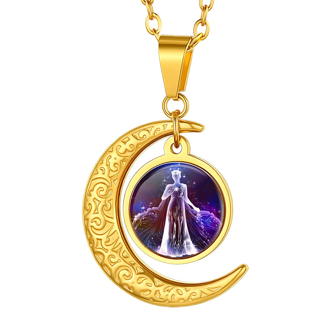 Suplight Horoscope Constellation Zodiac Sign Necklace, Gold Filled Celestial Star Sign Zodiac Astrology Pendant Necklace Stainless Steel New Moon Jewelry for Women Teens