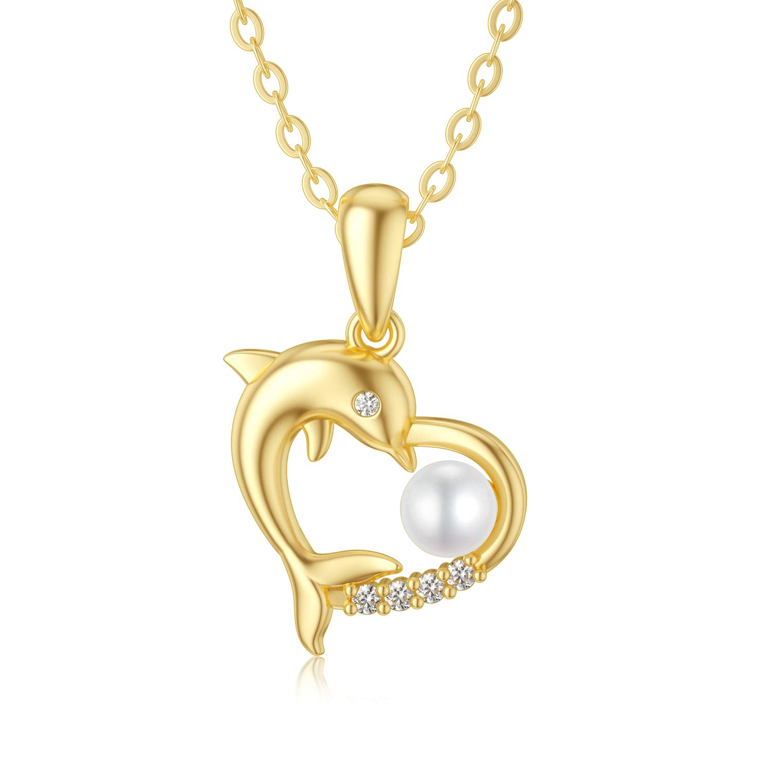 SISGEM 9 ct Gold Heart Necklace, Solid Yellow Gold Dolphin Pendant Necklace with Freshwater Cultured Pearl, for Women Girls Ladies Mum Sisters, 16"+1"+1" — image 1