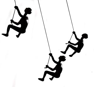 Set of 3, Climbing Man 3D Wall Art Sculpture Durable Polyresin, 30" Leathered Rope and Hanging Hardware Included, Black