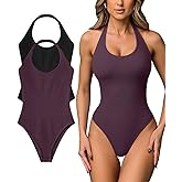 OQQ Women Halter Neck Bodysuits 2 Pack Sleeveless Shapewear One Piece Leotard Shirt Going Out Tops