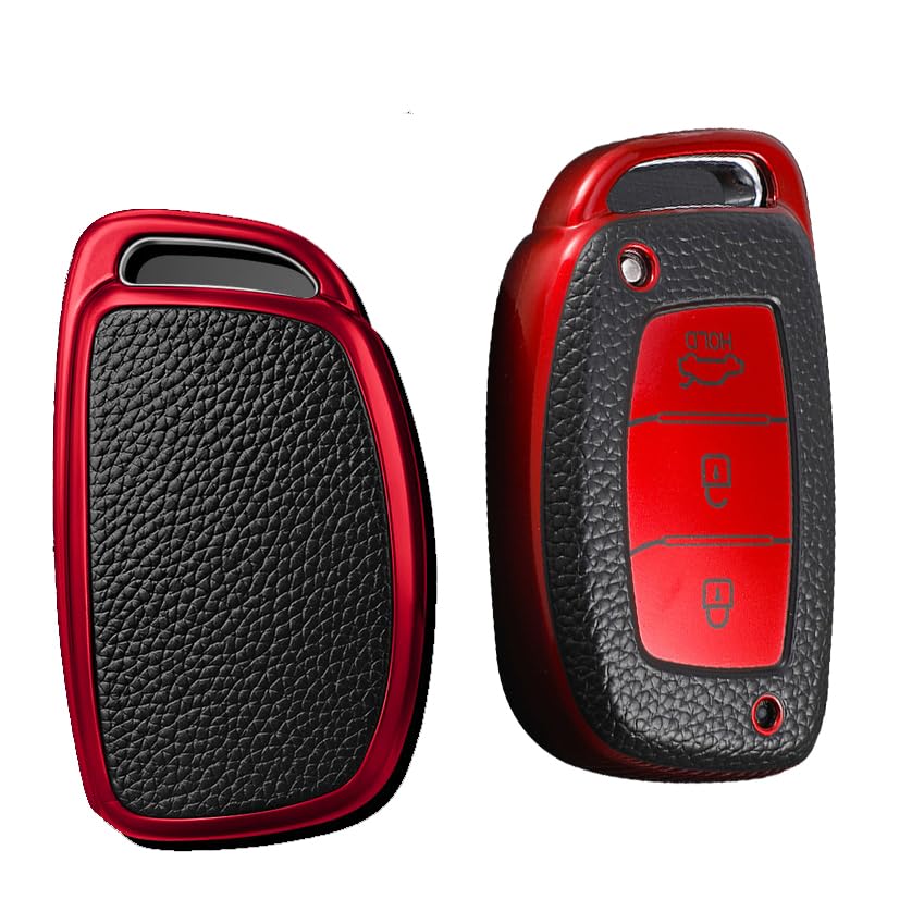 KUNIO Keyless Key Fob Case for Hyundai Kona i10 i30 i20 ioniq Hybrid Tucson Santa Fe ix35 Mistra - TPU Leather Texture, 3 Buttons, Red
