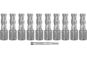 Accusize Industrial Tools 11/16 inch x1 inch Cutting Depth H.S.S. Annular Cutter with 1 Pc Pilot Pin, Including 10 Pcs Cutter