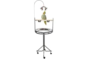 MCAGE Large Durable Strong Wrought Iron Parrot Cockatiel Play Gym Ground Stand Wooden Perch Stainless Steel Tray Toy Hook Stainless Steel Cups On Wheel