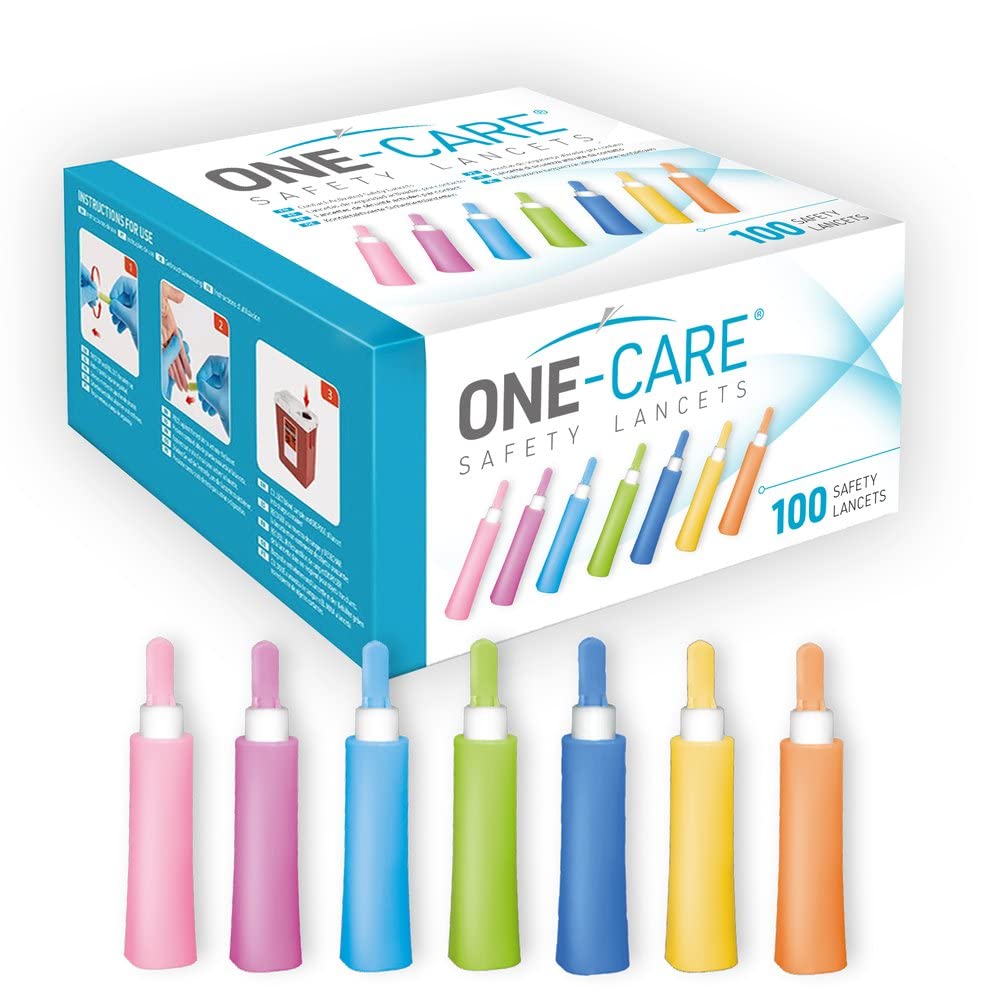 ONE-CARE Safety Lancets, 30G x 1.5mm, Push Button Activation, Gentle, Pre-Loaded, 3-Steps Only, Diabetes Testing, Sterile, Finger Self Prick Device, Glucose Monitor, Single Use, 100/Box