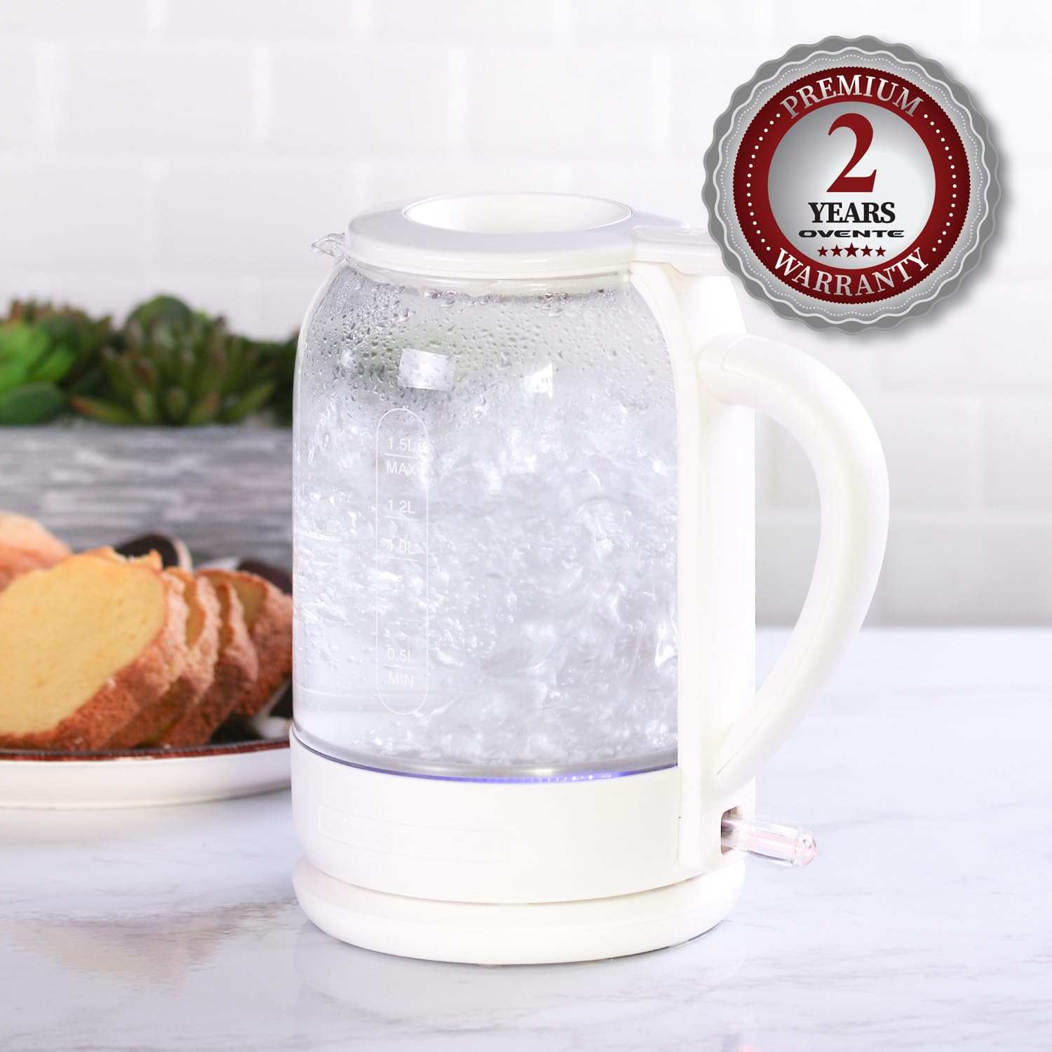 OVENTE Electric Kettle with 1.5L Borosilicate Glass, 1500W Fast Boiling Water Heater for Coffee or Tea, Easy to Fill Lid, Auto Shut-Off, Boil-Dry Protection & Stainless Steel Filter, White KG516W