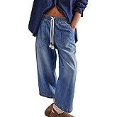 loveimgs Women Baggy Boyfriend Jeans Elastic Low Rise Wide Leg Cropped Denim Pants Drawstring Barrel Jean Trouser Pockets