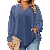 Eytino Plus Size Tops for Women Sexy V Neck Smocked Long Sleeve Blouse Loose Casual Work Shirts(1X-5X)