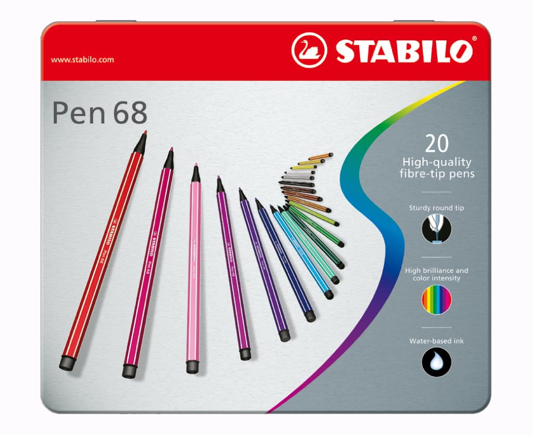 STABILO Premium Felt Tip Pen Pen 68 - Tin of 20 - Assorted Colours