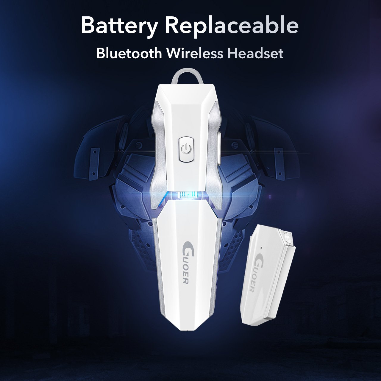 GUOER Bluetooth Headset with Backup Battery Noise Cancellation Wireless Bluetooth Earpiece With Microphone Driving Handsfree Earbuds(White/Silver)