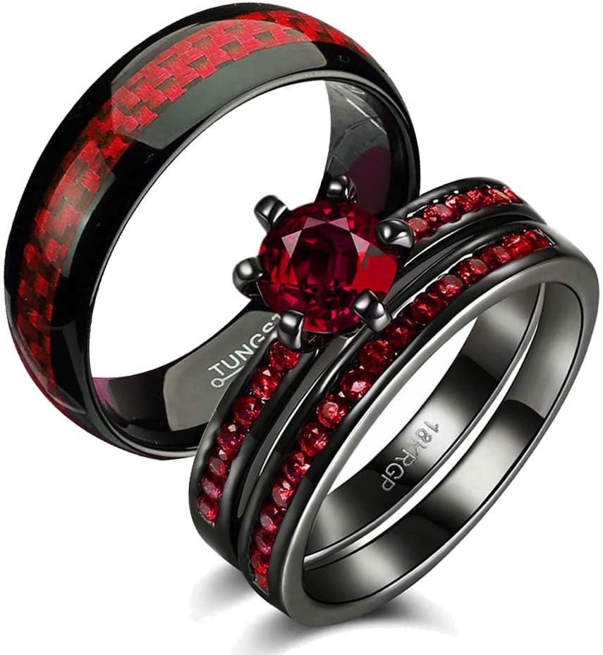 Gy JewelryTwo Rings His and Hers Wedding Ring Sets Couples Rings Women's 2PC Black Gold Filled Red Agate Cubic Zirconia Wedding Engagement Ring Bridal Sets & Men's Tungsten Carbide Wedding Band