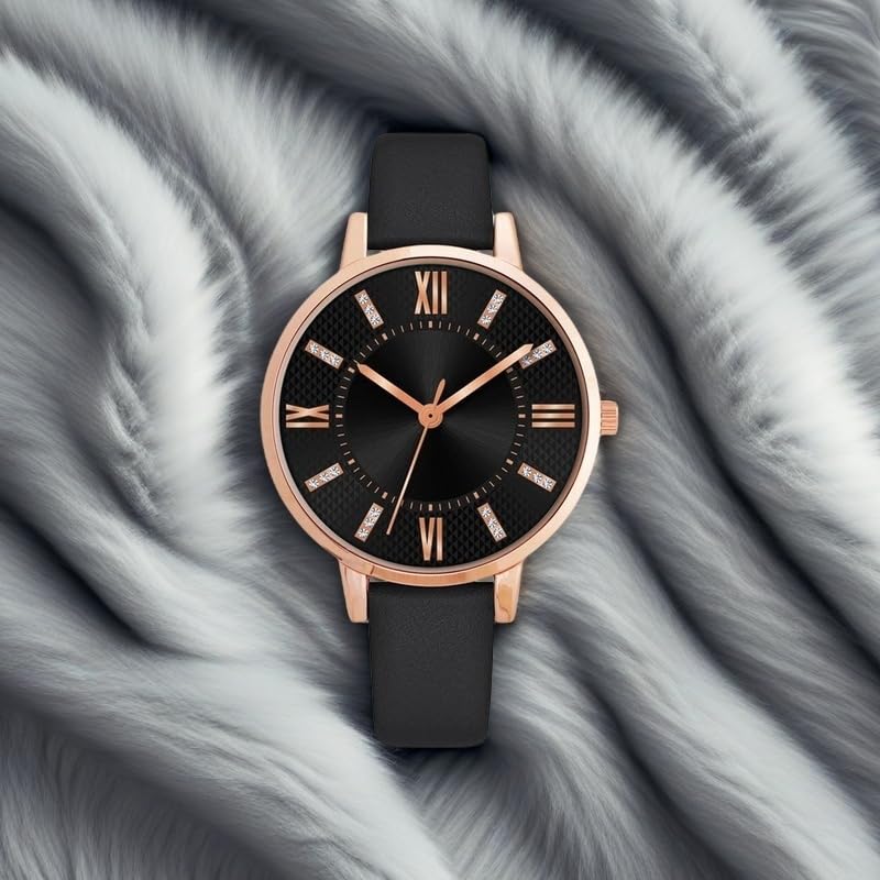 NUOVO Elegante Damenuhr mit schwarzem Lederarmband, Zifferblatt mit Diamanten und Rosegold-Akzenten