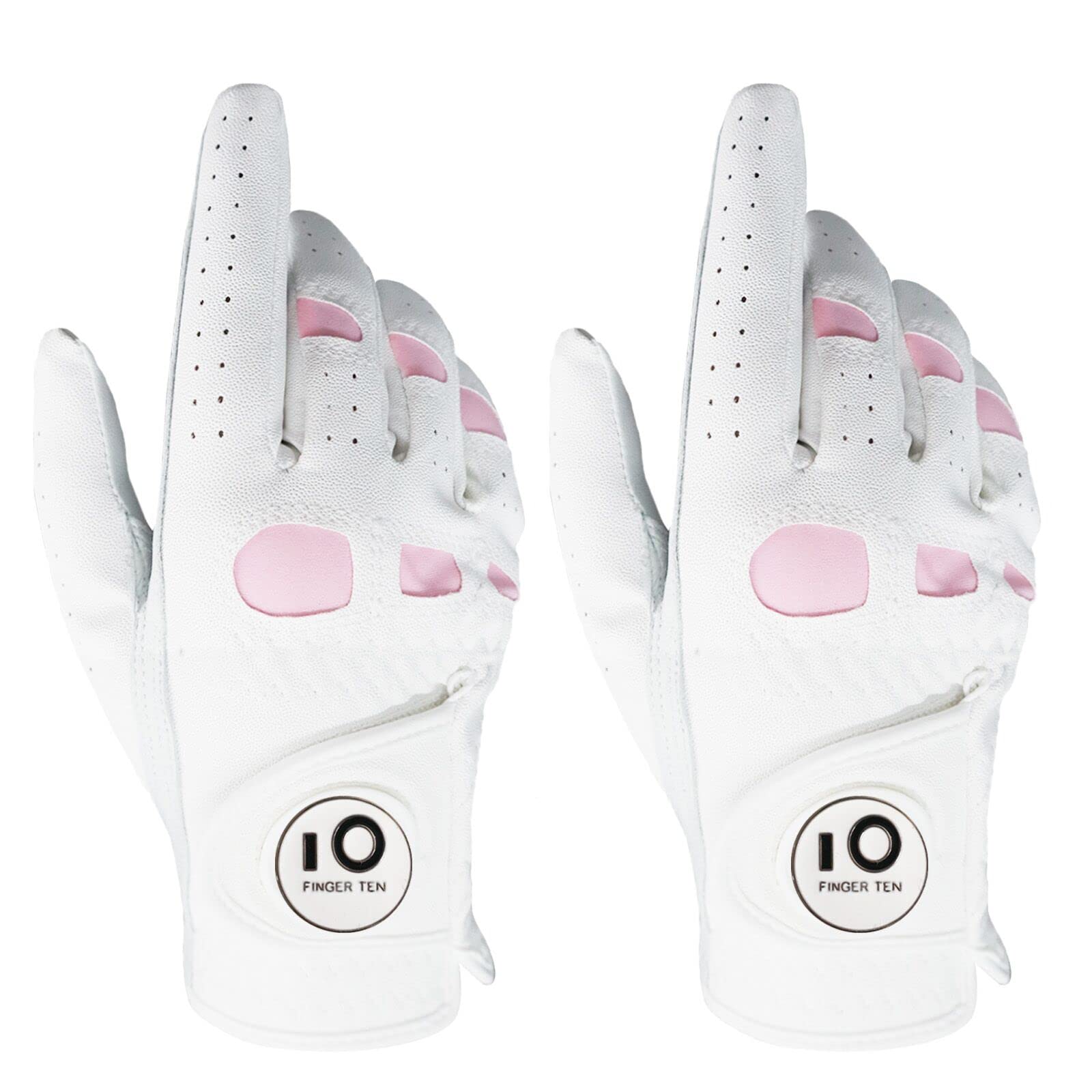 FINGER TEN Golf Gloves Ladies Left Hand Right Cabretta Leather with Ball Marker Value 2 Pack, Women Golf Glove Rain Grip All Weather Wear Resistant (M, 2 Pack (Worn on Right Hand) โ image 1