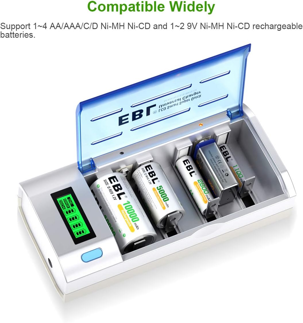 EBL Smart Battery Charger for C D AA AAA 9V Ni-MH Ni-CD Rechargeable Batteries with Discharge Function & LCD Display: Home Audio & Theater