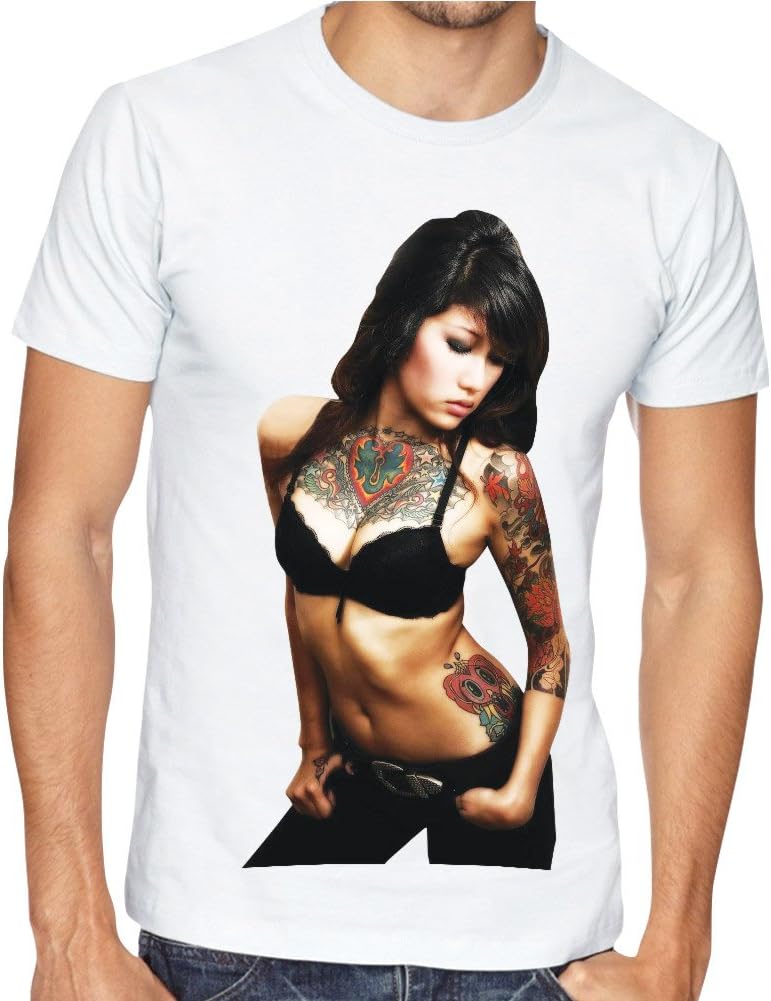 Fusion Clothing UK Men's White Crew Neck T-Shirt 100% Cotton Sexy Asian Girl Tattoos