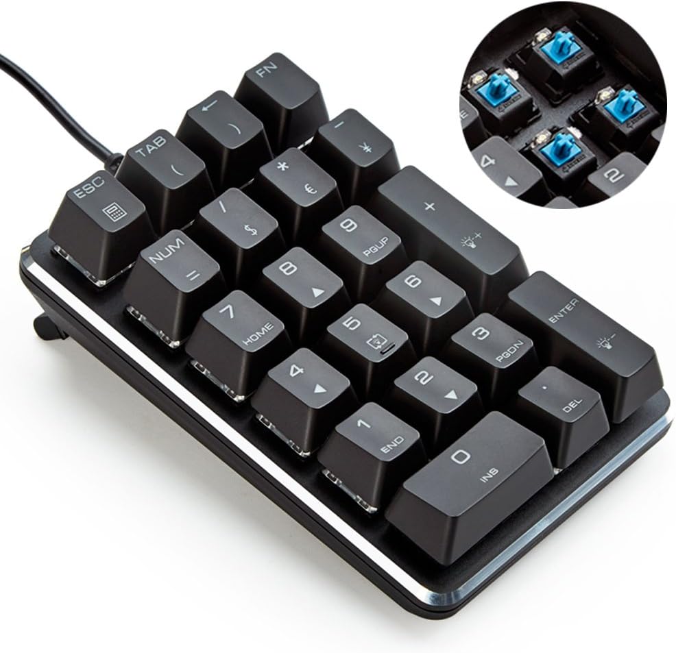 Magicforce USB Numeric Keypad, Mechanical USB Wired Numeric Keypad with Blue LED Backlit 21-Key Numpad for Laptop Desktop Computer PC - Black (Blue switches)