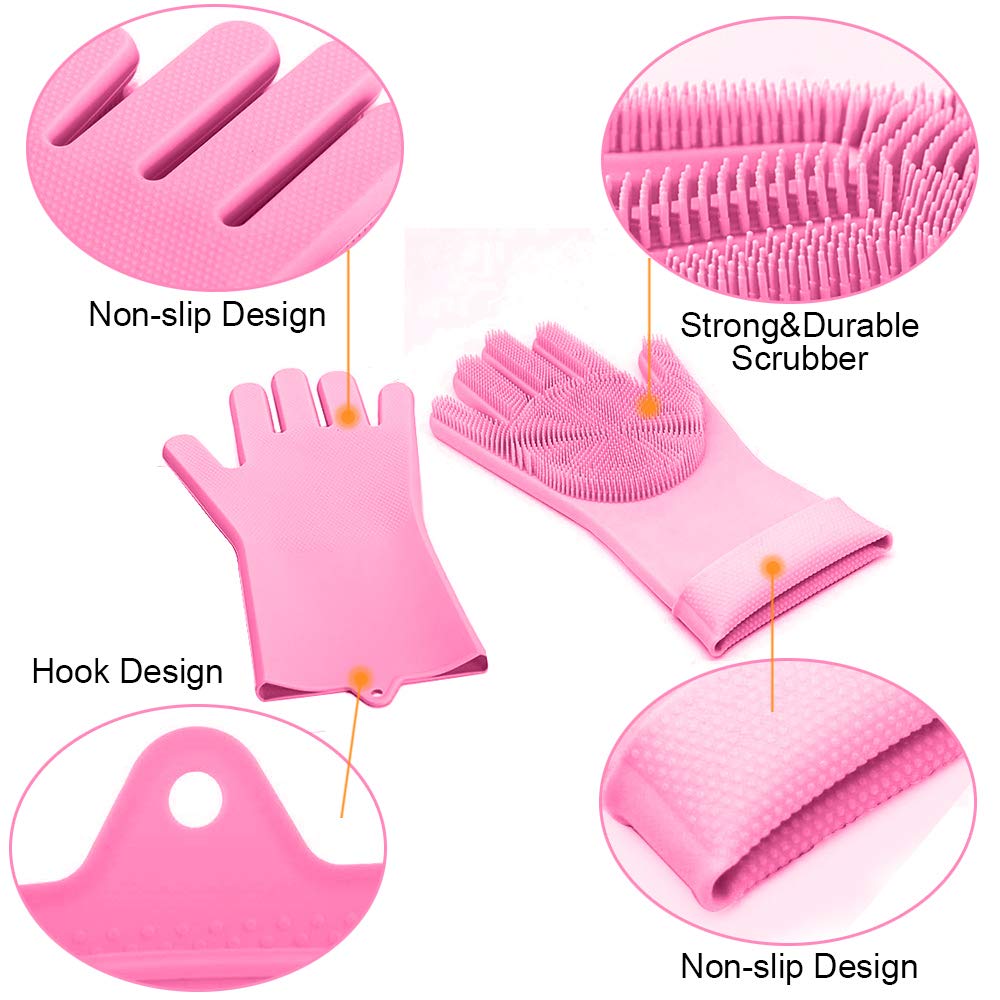 2Pcs Magic Silicone Gloves with Wash Scrubber Reusable Silicone Glove Brush Pair Heat Resistant For Cleaning Washing Dishes Cooking Grilling Car Wash and Pet Care Pink