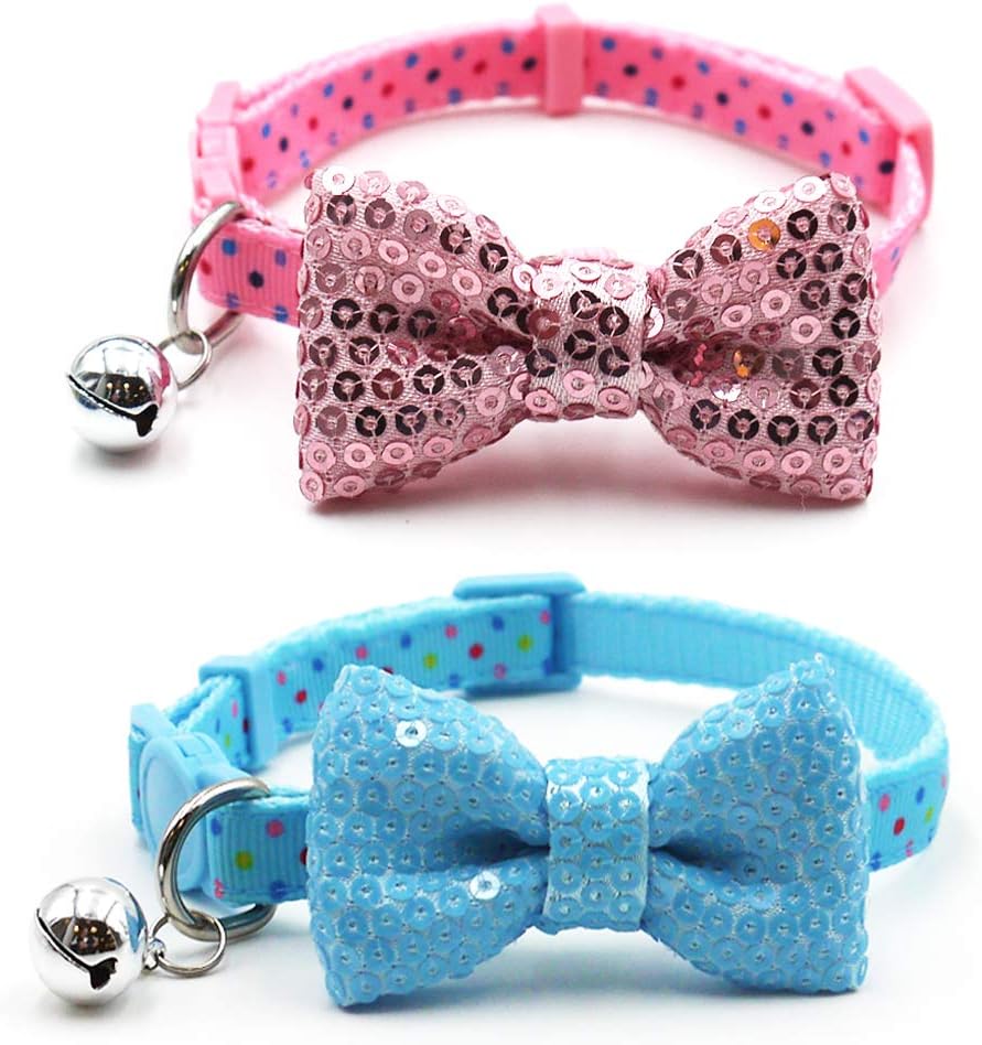 azuza Breakaway Cat Collar with Bell, 2 Pack Safety Buckle Cat Collars with Bowtie, Adjustable from 8"-12"