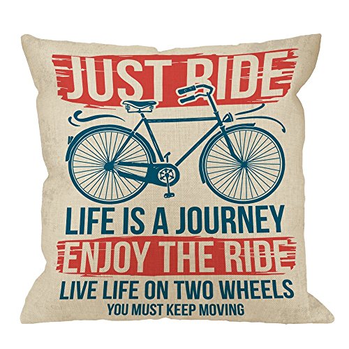 HGOD DESIGNS Throw Pillow Cover Bicycle with Letter Just Ride Friendly and Healthy Travel Slogan Graphic Home Decorative Pillow Cases Cotton Linen Square Cushion Covers For Sofa Couch 18x18 Inch