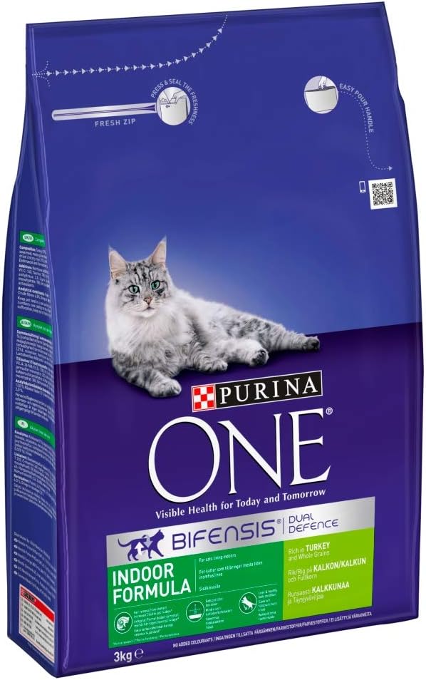 Purina ONE Indoor Dry Cat Food Turkey & Wholegrain 3kg, red, 0.75 g (Pack of 4)