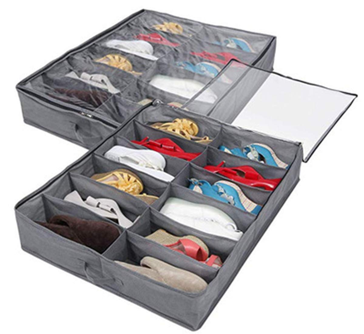 CharmCollection Organizing Bins Under Bed Shoes Tidy Organiser Foldable Fabric Holder Closet Large Heavy Duty Underbed Shoe Storage Bag with Clear Lid 80 x 63 x 15 cm Grey Pattern 12 Pockets x 2