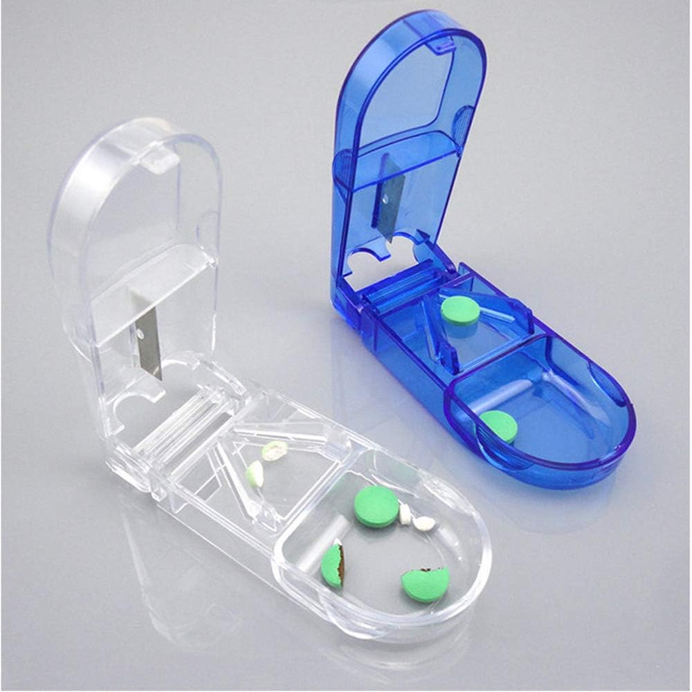 BESTUNE Pill Box Travel Pill Cutter Pill Separator Pill Dispenser Boxed Pill Slicer with 2 Storage Boxes (Blue + Transparent)