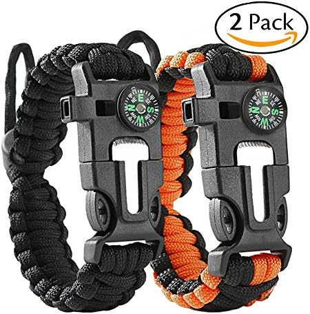 ACHIEWELL Survival Bracelet Tactical Gear Flint Fire Starter, Whistle,Compass &amp; Scraper/Knife, Set Of 2,For Camping/Fishing/Hiking/ Hunting (Black + Orange, Adjustable)