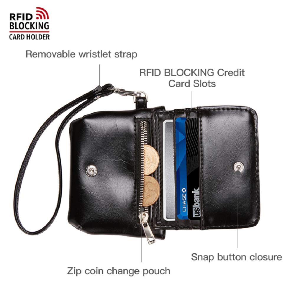 JCTHBAG Womens Small Leather Coin Purse RFID Credit Card Case With Wrist Strap (Black)