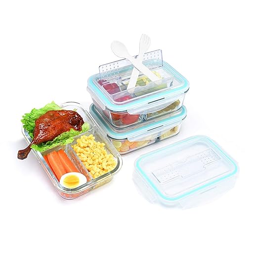 3-Pack] cristal comida Prep recipientes 3 compartimento, cristal ...