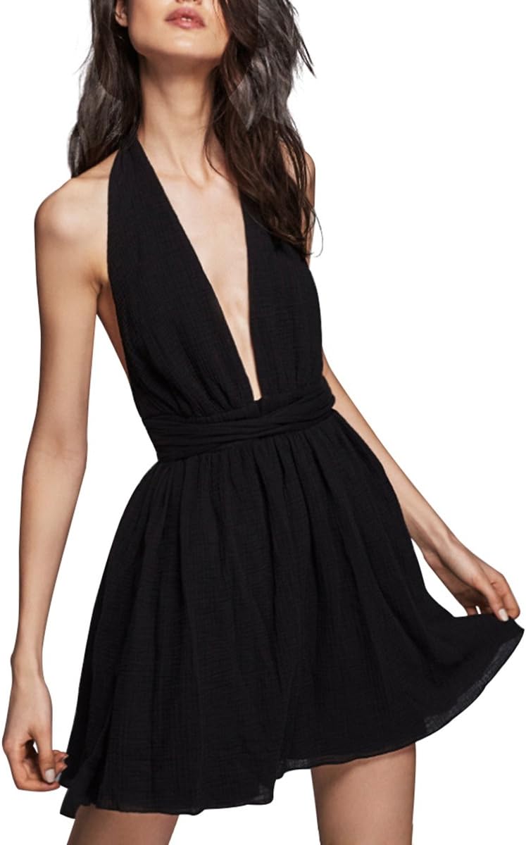 CA Mode Women Cotton Halter Deep V-Neck Backless Cocktail Prom Party Short Dress