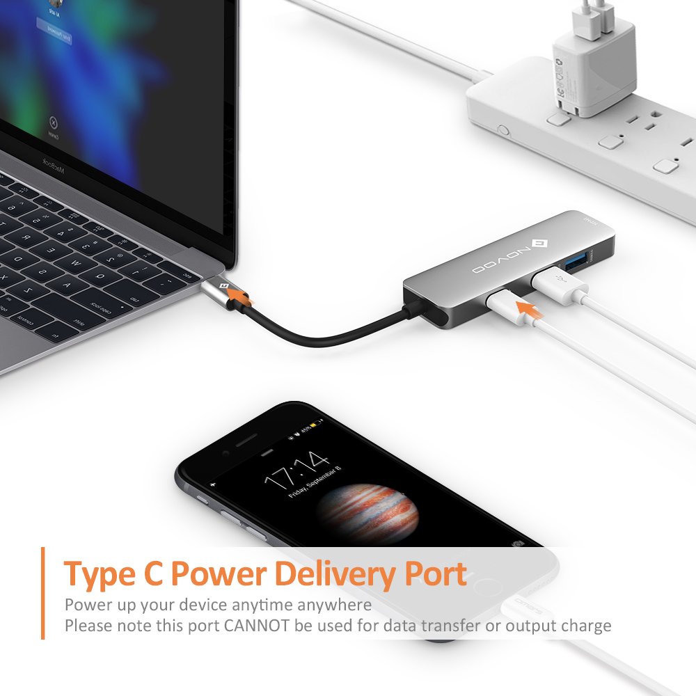 NOVOO USB C Hub Aluminium mit HDMI 4K Adapter, 2* USB 3.0 Anschlüssen, Ladeanschluss für 12\