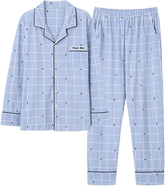 Amazon Co Jp メンズ パジャマ ルームウエア 部屋着 寝巻き 男性用 紳士 長袖 長ズボン 上下セット 前開き ラペル 春秋 コットン 柔らかい 快適 ワイド シンプル チェック 秋冬 カジュアル 大きいサイズ ブルー 服 ファッション小物