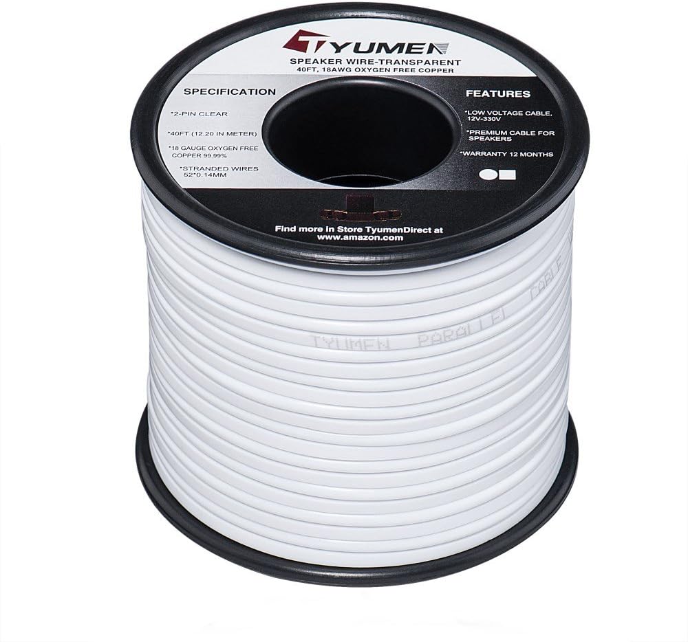 TYUMEN 18 AWG Gauge 2 Conductor Stranded 40 FT Roll Speaker Zip Wire Car Home Audio Cable, 99.95% Oxygen Free Copper Wires, White: Car Electronics
