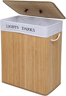 Meerveil Bambus Wäschekorb faltbar mit Deckel, 100L Wäschebox mit 2 Fächern, Wäschesammler mit abnehmbare Wäschesack aus Baumwolle, Natur