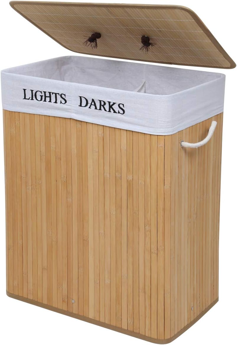 Meerveil Bambus Wäschekorb faltbar mit Deckel, 100L Wäschebox mit 2 Fächern, Wäschesammler mit abnehmbare Wäschesack aus Baumwolle, Natur