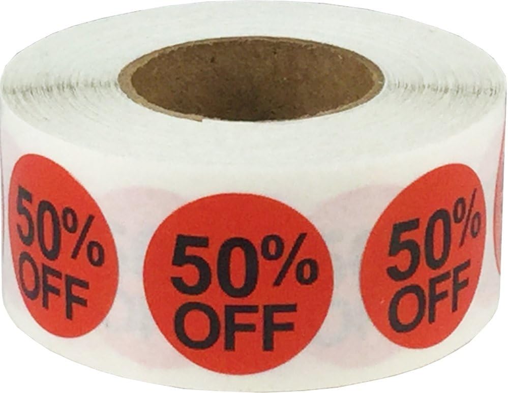 Red 50 Sale Stickers, 19 mm 3/4 Inch Retail Labels 500 Pack