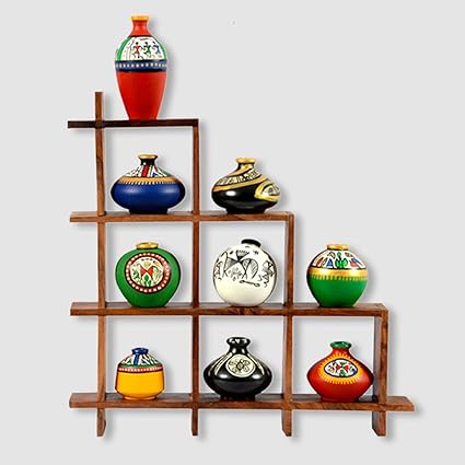 ExclusiveLane 9 Small Sized Terracotta Pots with Home Decorative Wooden Wall Hanging (Set of 9 Mini Pots)