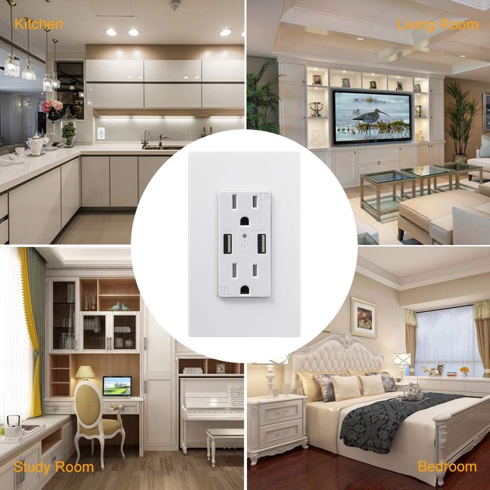 [2 Pack] USB Outlet, USB Charger Wall Outlet Dual High Speed 4.2 Amp USB Ports with Smart Chip, 15A/125V Tamper Resistant Electrical Outlet Receptacle, Screwless Wall Plate, ETL Listed, White - - 