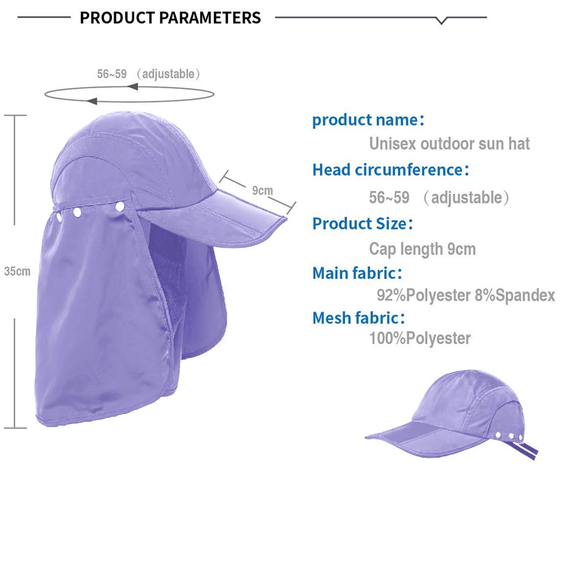 TINLUNG Sun Caps UV Protection UPF 50+Flap Hats Removable Face Neck Flap Cover Caps Shade Hat for Women Men Baseball Backpacking Cycling Hiking Fishing Garden Hunting (Violet